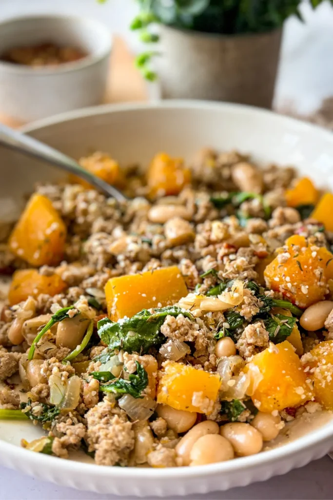 The maple sage butternut squash and ground turkey plated on a white plate.