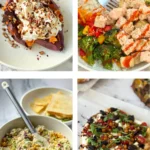 A collage of four easy no thaw dinner meals: a roasted sweet potato with yogurt, a tofu bowl, chicken salad and a Mediterranean chickpeas salad.