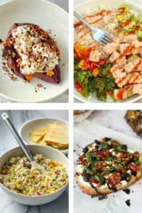 A collage of four easy no thaw dinner meals: a roasted sweet potato with yogurt, a tofu bowl, chicken salad and a Mediterranean chickpeas salad.