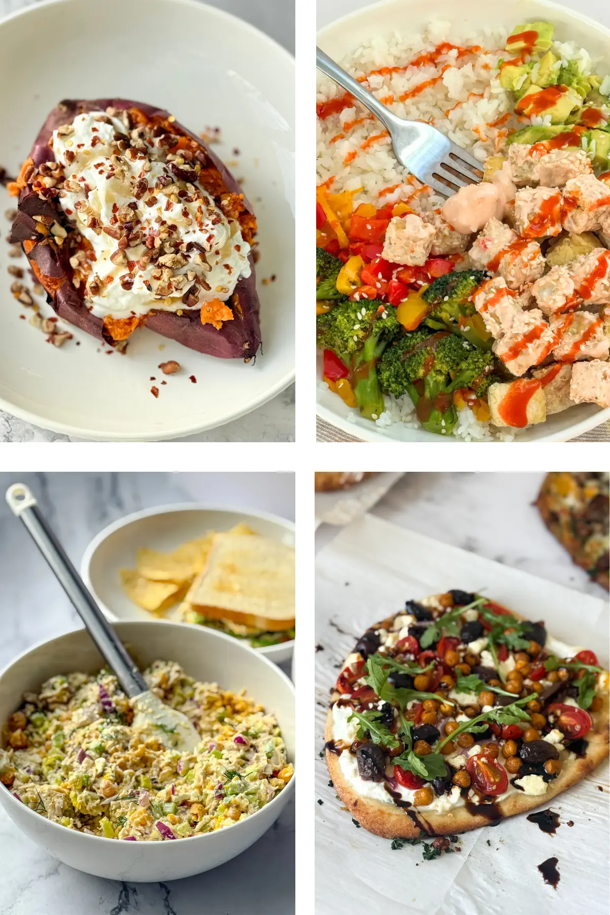 A collage of four easy no thaw dinner meals: a roasted sweet potato with yogurt, a tofu bowl, chicken salad and a Mediterranean chickpeas salad.