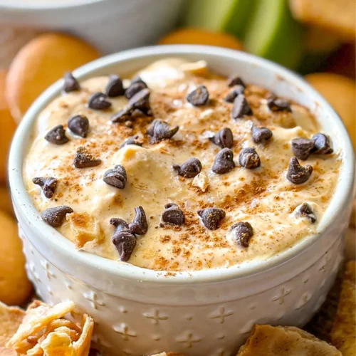 A close-up of the pumpkin cannoli dip in a small white ramekin surrounded by waffle cone chips.