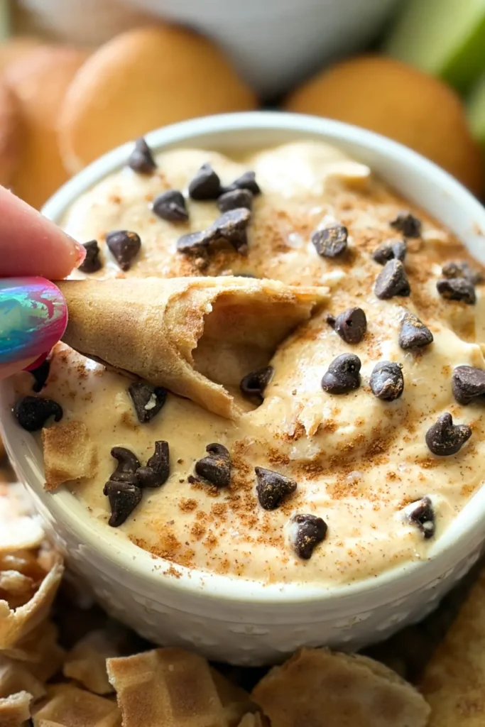 A broken waffle cone being dipped into a bowl of pumpkin cannola dip.