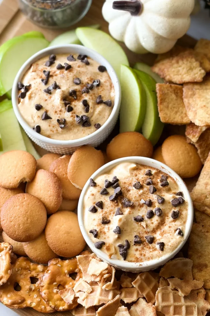Two white ramekins with pumpkin cannoli dip in them on a wooden cutting board surrounded by apple slices, Nilla wafers, waffle cone pieces, and pretzels.