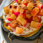 An acorn squash halved and topped with vanilla cheesecake filling, warm cinnamon apples. amd pecans on a white plate.