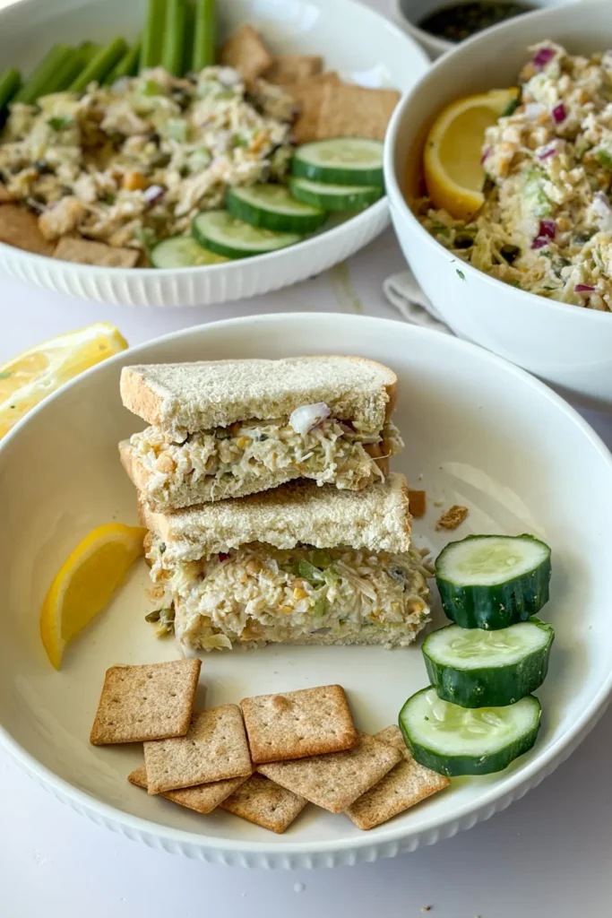 A chicken salad sandwich on a plate with wheat thins and cucumbers next to a large bowl of chicken salad.