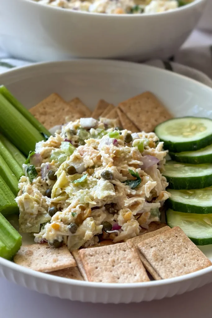 A scoop of chicken salad on a plate next to Wheat Thins and cucumber slices.