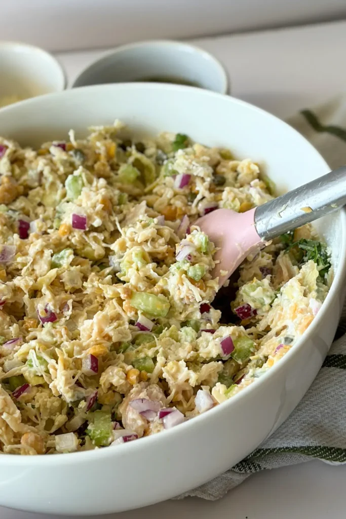 Creamy chicken piccata chicken salad in a large bowl with a pink spatula in it on a counter.