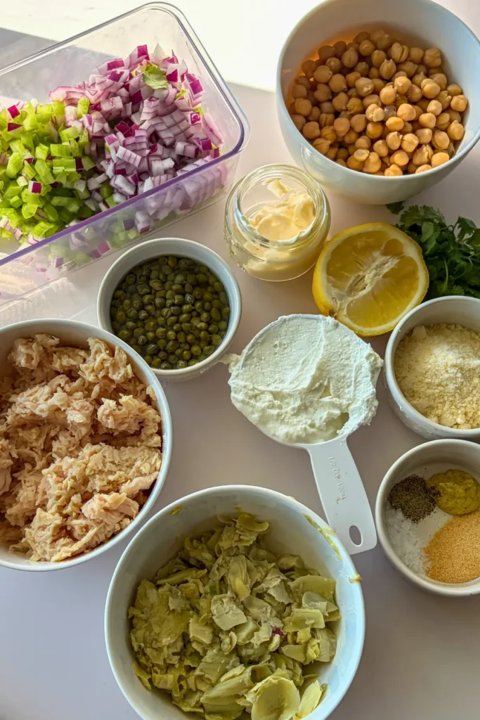Ingredients for the chicken salad in individual containers.