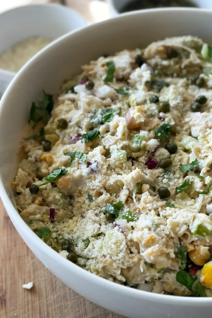 A close-up of the side of a large white bowl with chicken piccata salad in it topped with additional parmesan cheese.