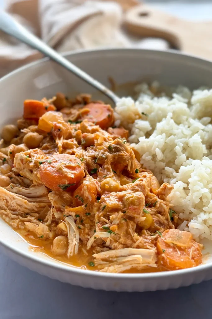 A plate of white rice, chicken with chickpeas and carrots on a table.