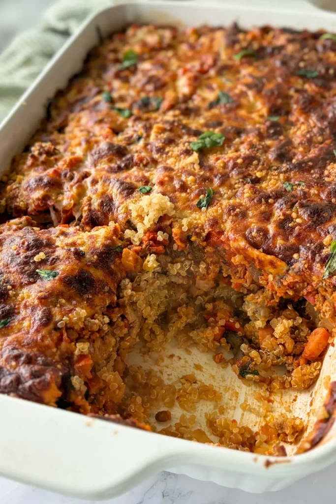 A large white glass baking dish of cheesy Italian casserole with one of the pieces missing so you can see the inside of the casserole.