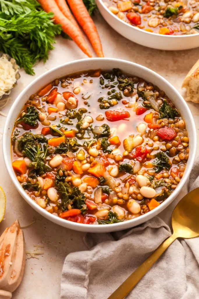 A large bowl of white beans and veggies on a table surrounded by towl and a golden spoon.