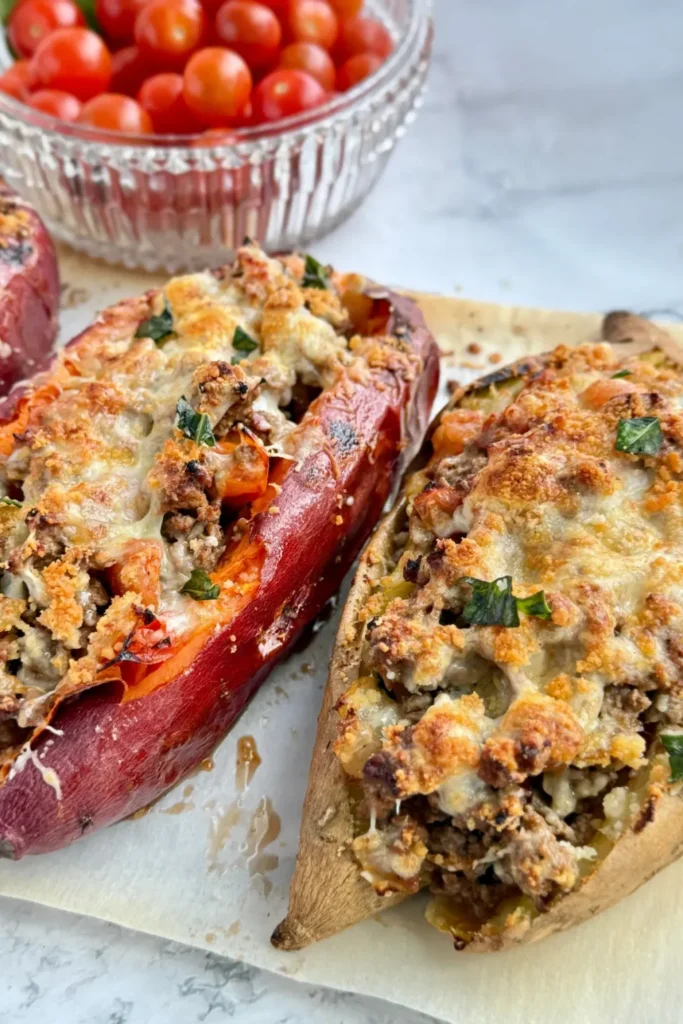 Roasted sweet potatoes filled with ground beef, tomatoes and topped with a crispy cheese on a counter.