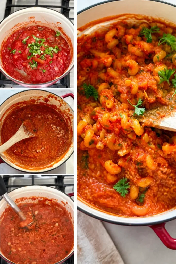 A collage making the white bean pasta sauce showing the steps to pureeing the beans and then combining the pasta. 