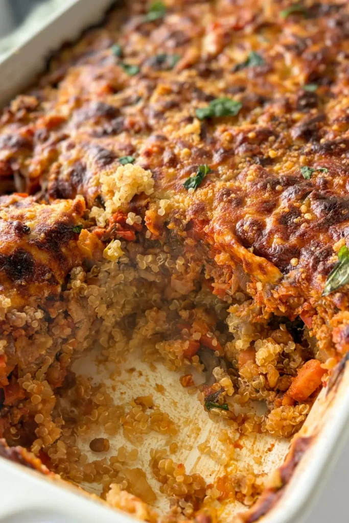 An Italian cheesy casserole in a baking dish with a huge piece missing. 