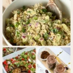 A collage of three sneaky beans recipes: a chicken salad, a casserole and a snack.