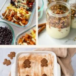 A collage of photos showing apple crisp breakfast jars, roasted sweet potato bowls, and gingerbread baked oatmeal.