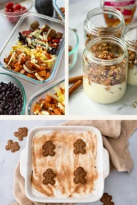 A collage of photos showing apple crisp breakfast jars, roasted sweet potato bowls, and gingerbread baked oatmeal.