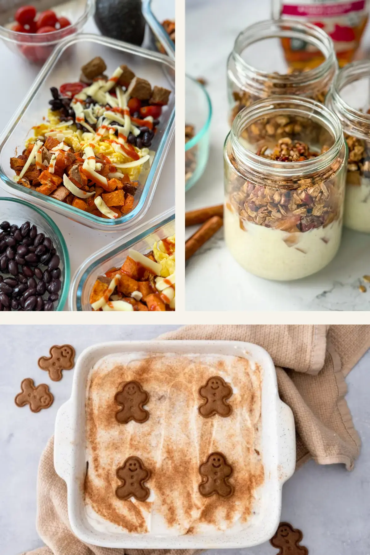 A collage of photos showing apple crisp breakfast jars, roasted sweet potato bowls, and gingerbread baked oatmeal.
