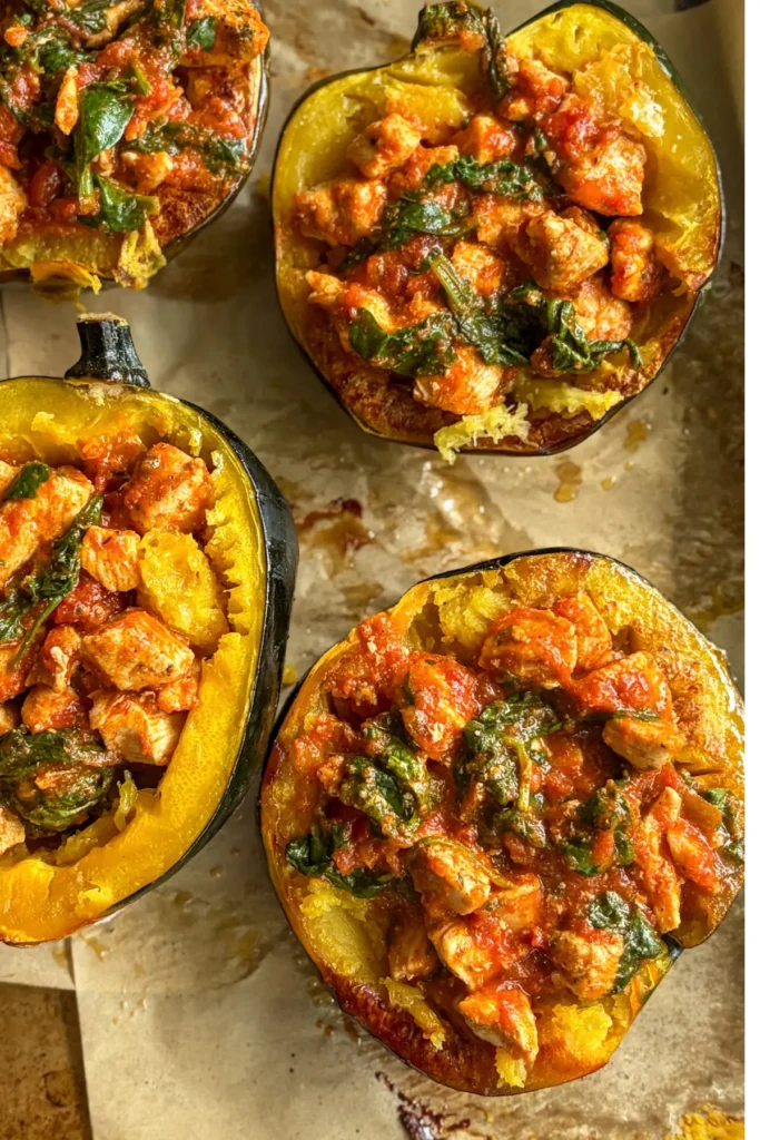 The squash stuffed with the marinara chicken mixture before topping with cheese on a baking sheet.