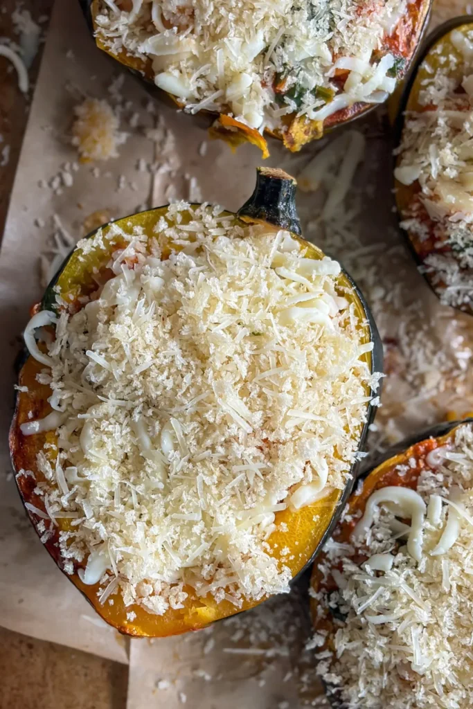 The acorn squash topped with mozzarella cheese and the panko topping before going back into the oven on a baking sheet.