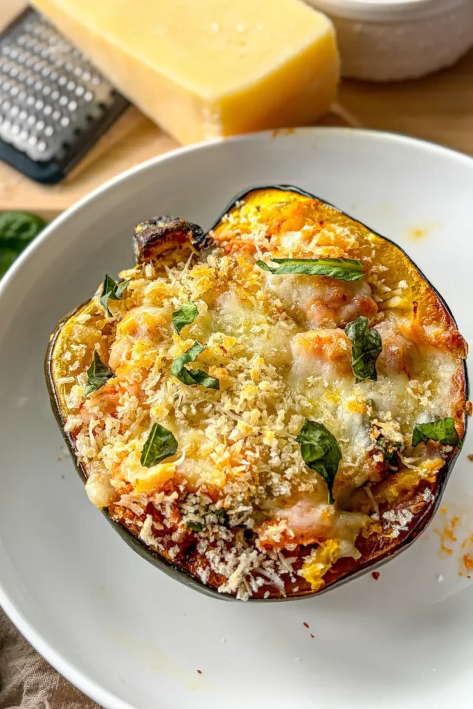 A roasted acorn squash stuffed with chicken, marinara, parmesan and topped with crispy cheese and panko on a white plate next to a cutting board with a parmesan rind on it.