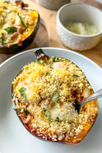A spoon digging into a roasted stuffed acorn squash on a white plate on a table.