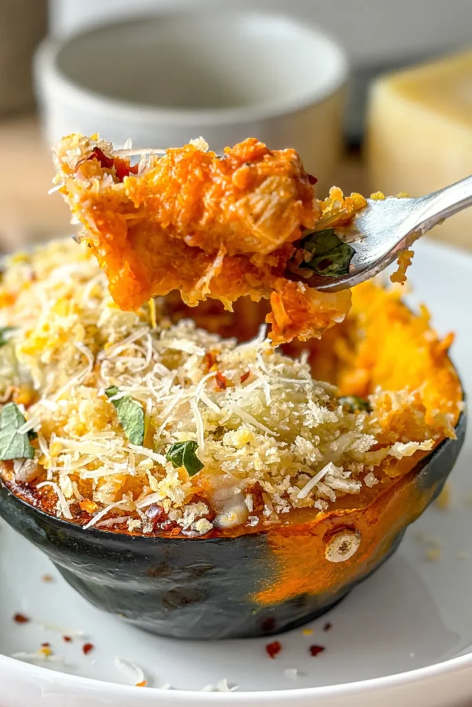 A close-up of a big forkful of chicken parmesan squash right over a squash on a white plate.