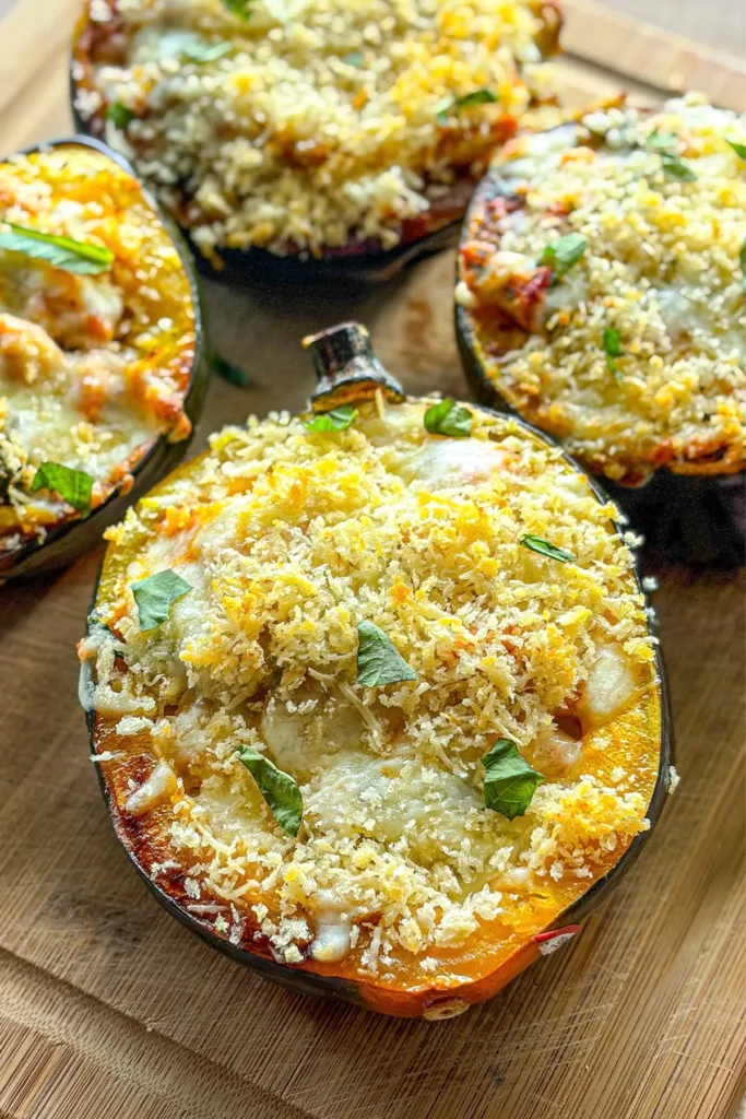 Four chicken parmesan acorn squash boats right out of the oven on a wooden cutting board.
