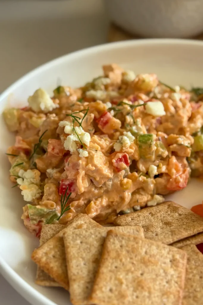 Buffalo chicken snack dip on half of a small plate with Wheat Thins.