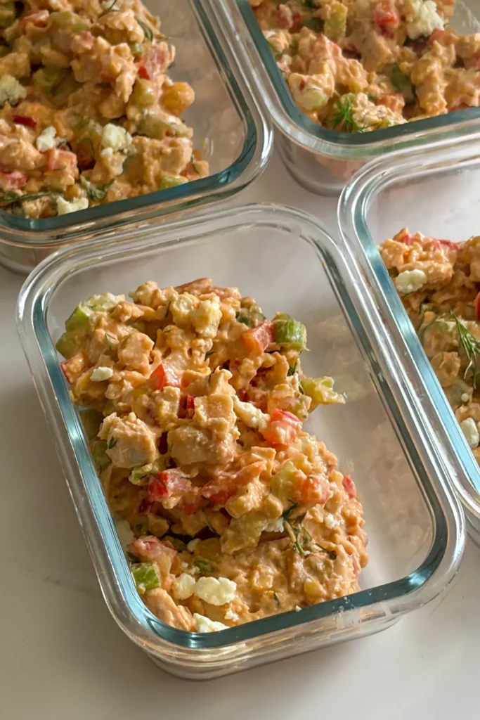 Four small meal prep containers with loaded buffalo chicken and chickpea dip in it.