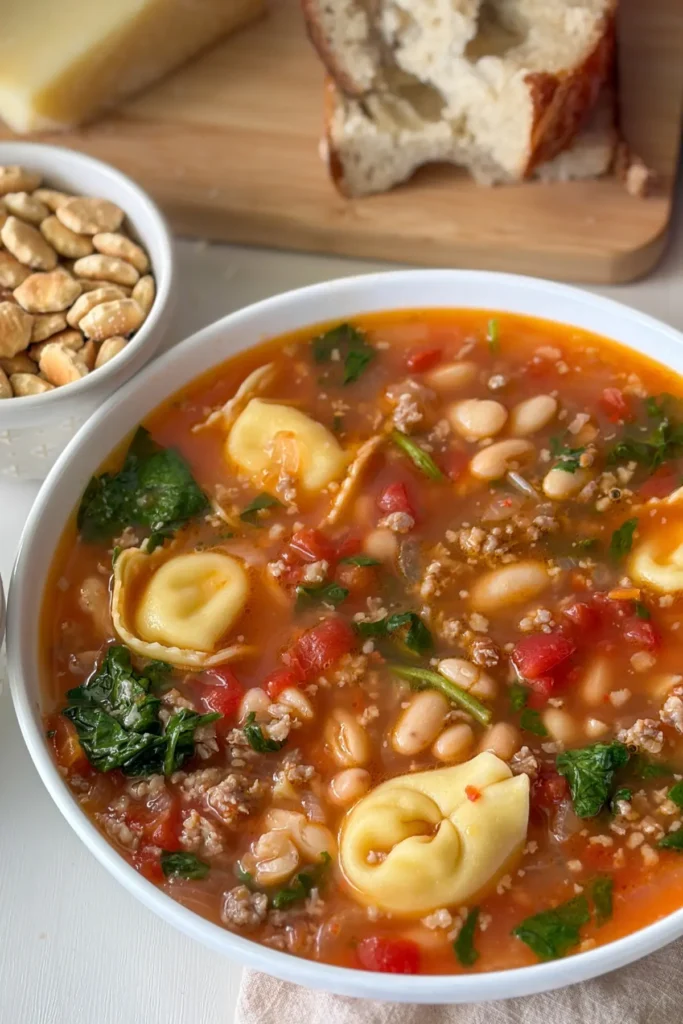 An overhead show of a big white bowl of soup next to crusty bread and crackers.