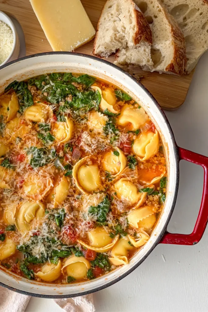 The Italian sausage tortellini soup in a red Dutch oven topped with parmesan cheese on a table next to a cutting board with crusty bread on it.