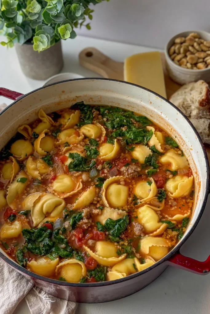 The fully cooked tortellini sausage soup in a red Dutch oven on a table next to a Parmesan rind and crusty bread.