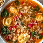 A birds-eye view of a large bowl of Italian sausage tortellini soup with spinach on a table next to a bowl of oyster crackers and crusty bread.
